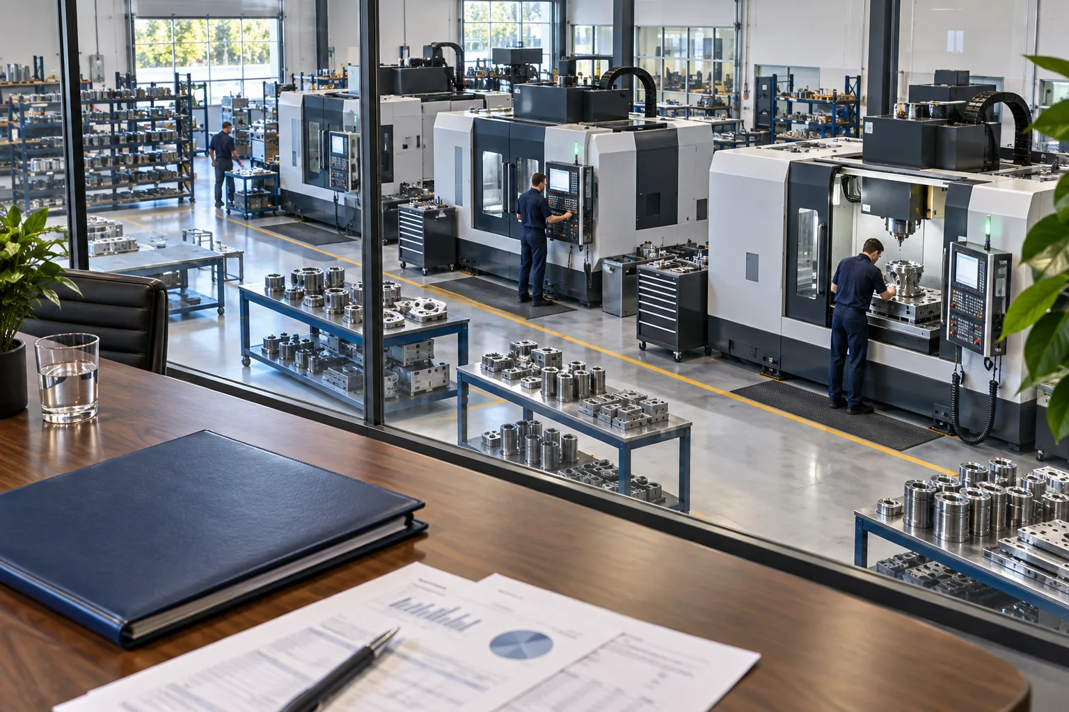 An acquisition dossier sits in a meeting room overlooking a precision engineering factory.