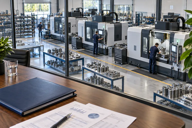 An acquisition dossier sits in a meeting room overlooking a precision engineering factory.