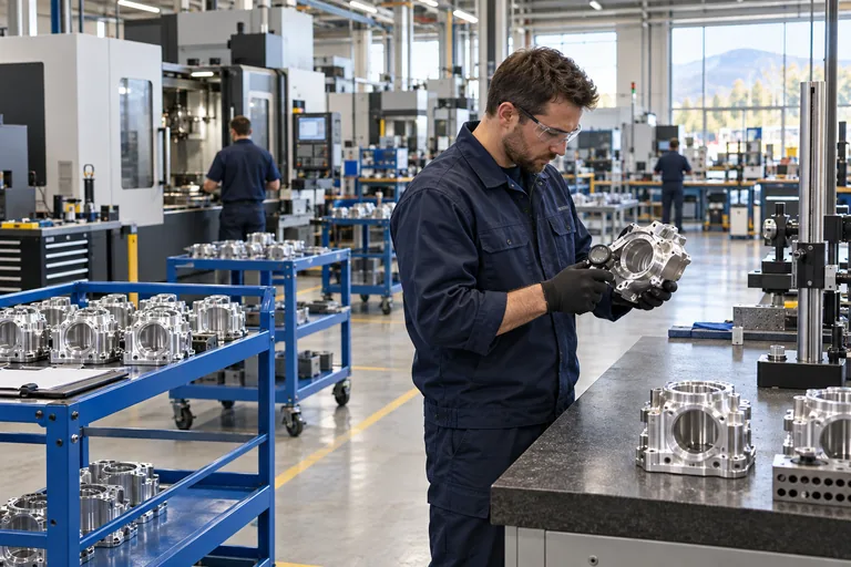 A technician inspects a machined component beside organised production carts.