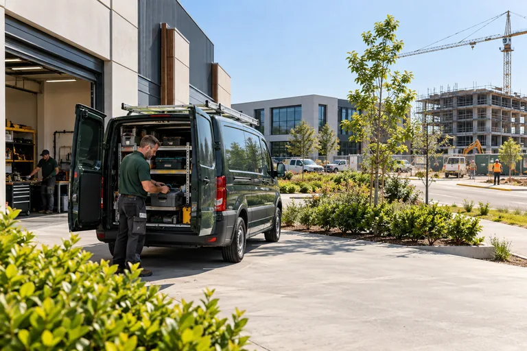 A service technician prepares a van in a growing commercial district.