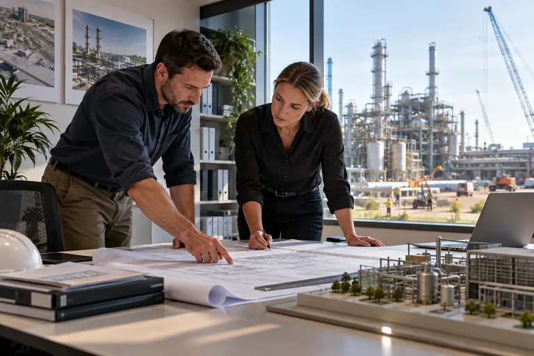 Two engineers review technical drawings overlooking a modern industrial project.