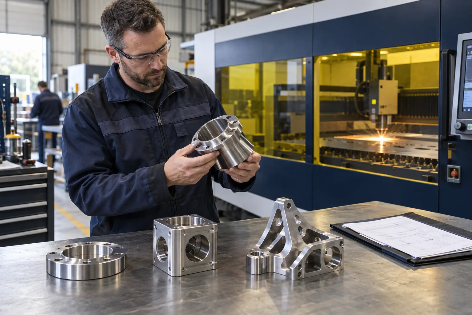 A fabricator examines a precision metal component beside a laser cutting machine.
