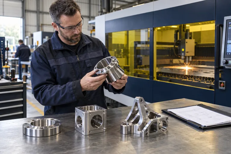 A fabricator examines a precision metal component beside a laser cutting machine.