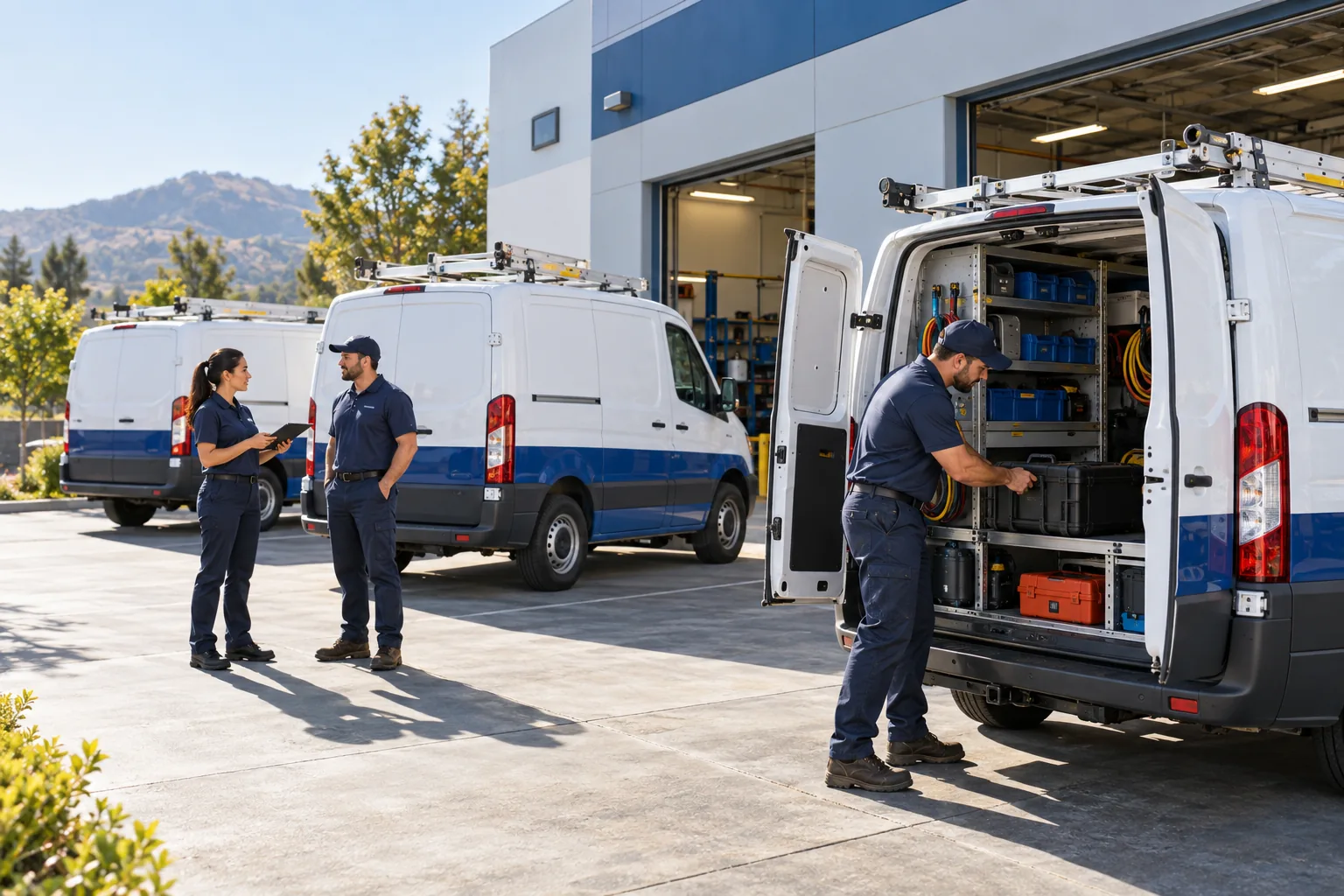 A field-service team prepares three well-equipped vans at its depot.