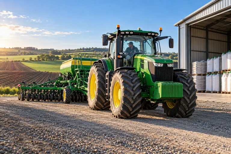 A modern tractor and seed drill stand beside stacked seed bags and cultivated fields.