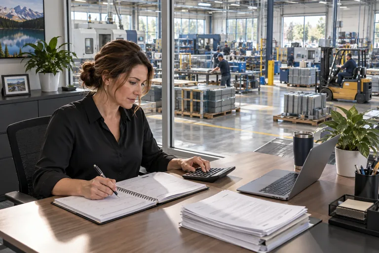 An office manager reviews payroll records overlooking an active production floor.