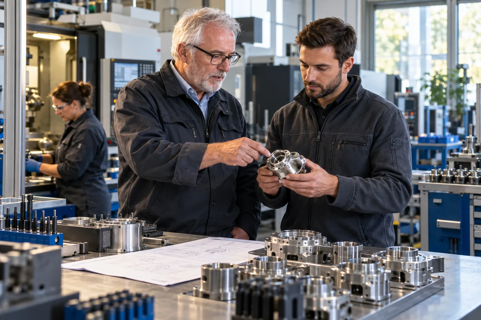 An established owner and younger manager discuss a component on the factory floor.