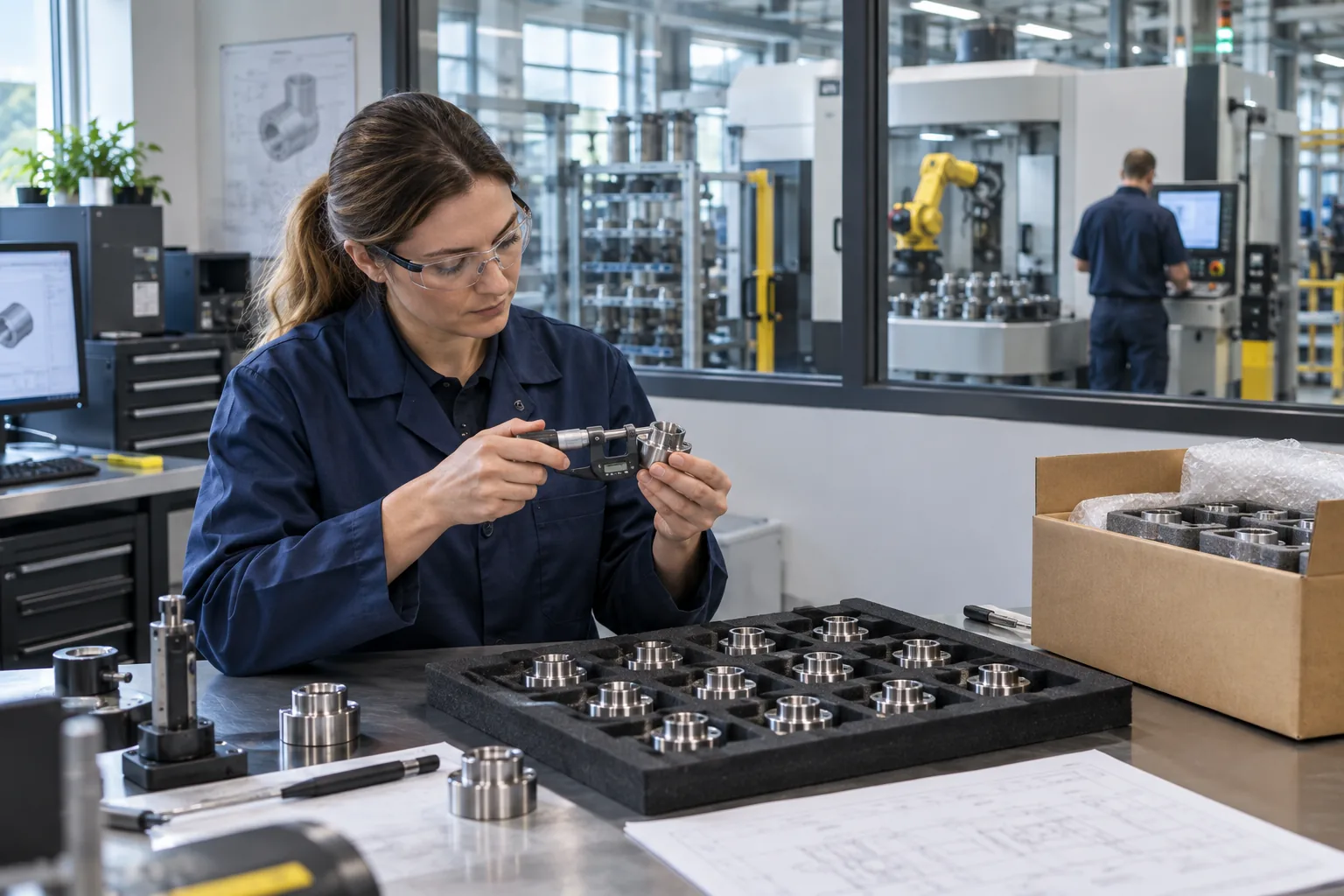 A quality engineer measures an incoming component beside packaged parts and a production cell.