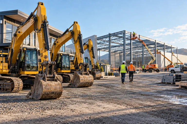 A contractor’s excavators and access equipment stand beside an active commercial project.