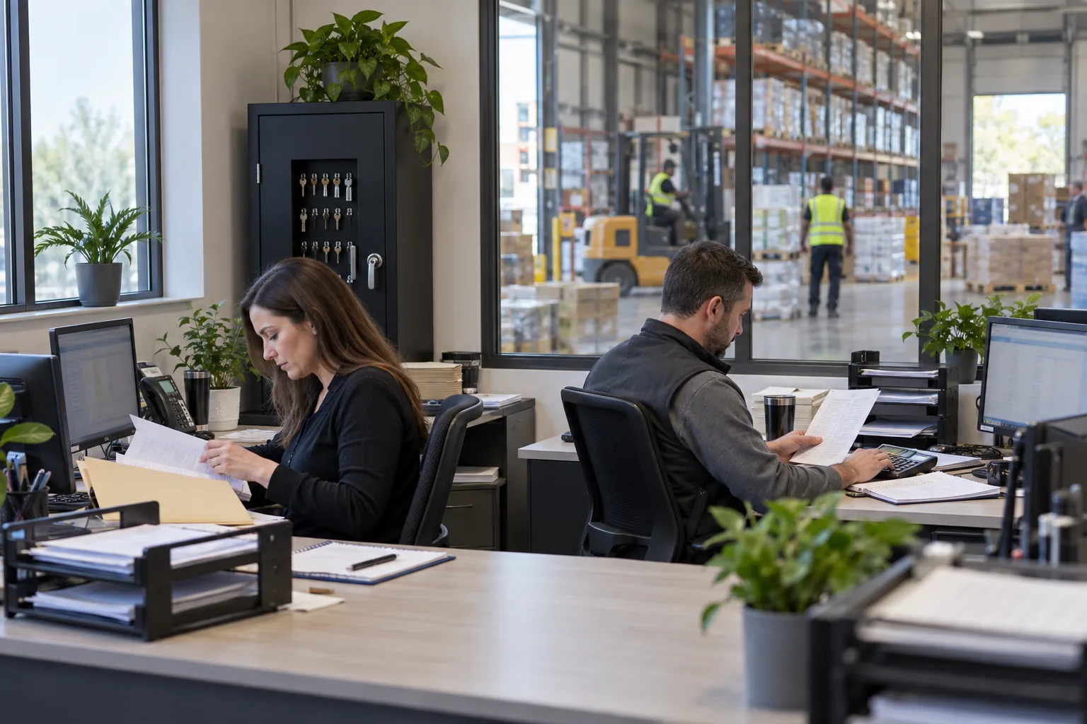 Two finance staff review separate payment records in an office overlooking a warehouse.