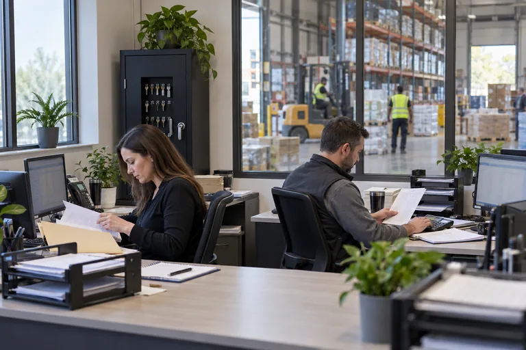 Two finance staff review separate payment records in an office overlooking a warehouse.