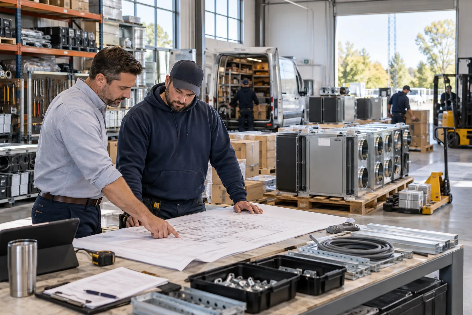 A sales estimator and installation lead review plans beside prepared equipment.