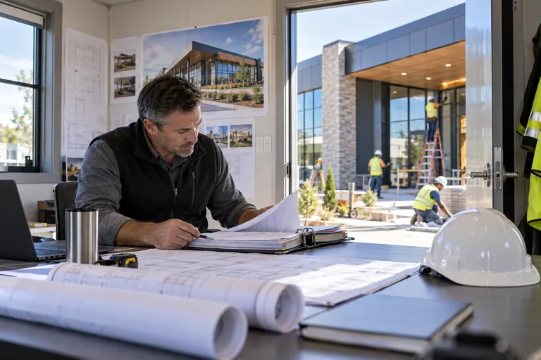 A contractor reviews project documents while tradespeople complete a commercial building.