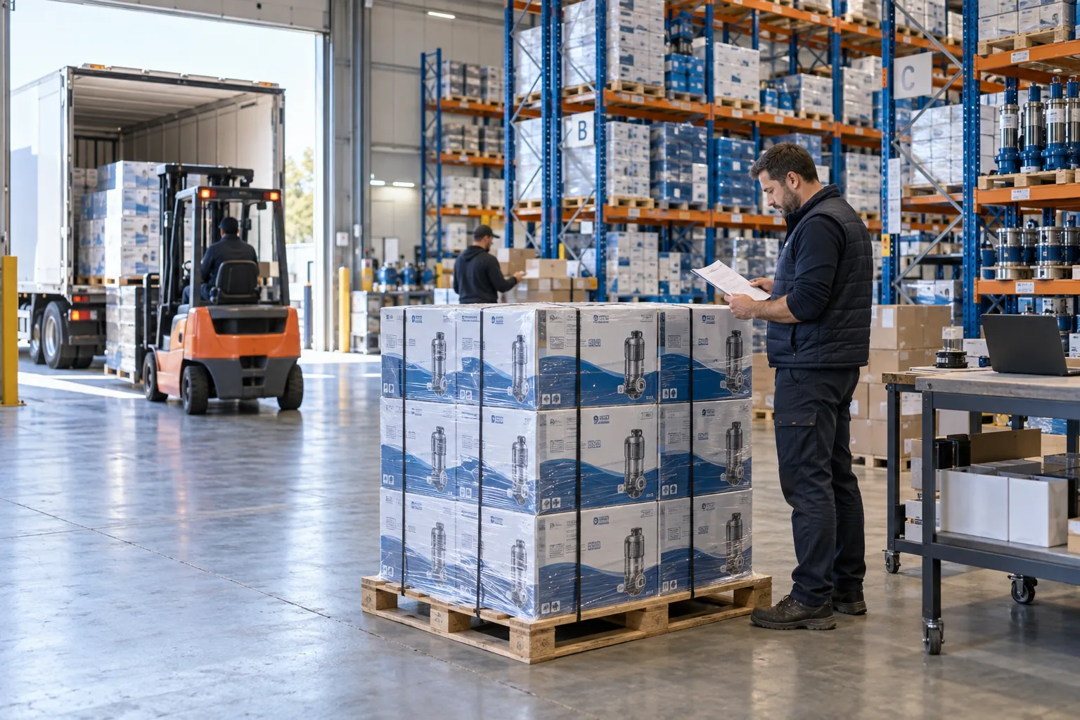 A distribution manager checks a palletised order in a stocked wholesale warehouse.