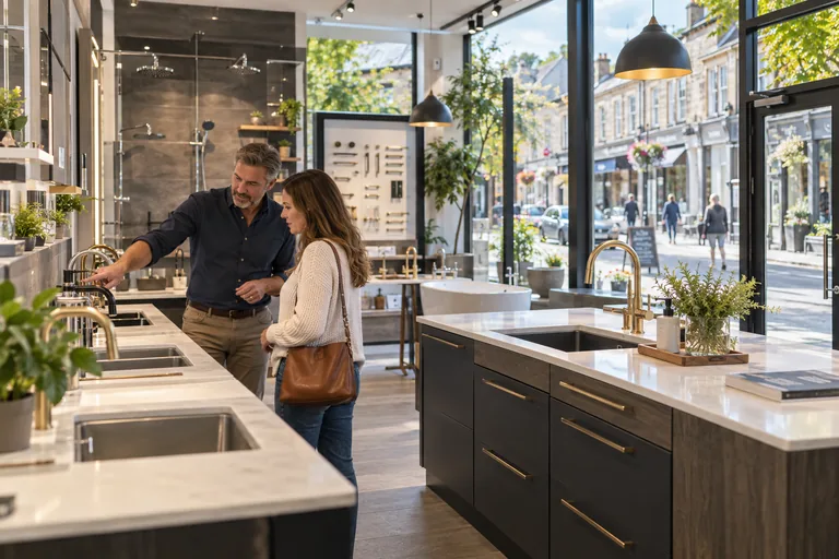 A specialist showroom owner helps a customer compare quality kitchen fittings.