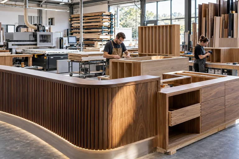 Skilled craftspeople assemble commercial joinery in a modern workshop.