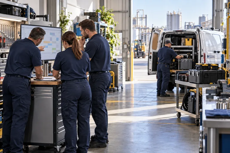 A maintenance team reviews its schedule beside prepared service equipment.