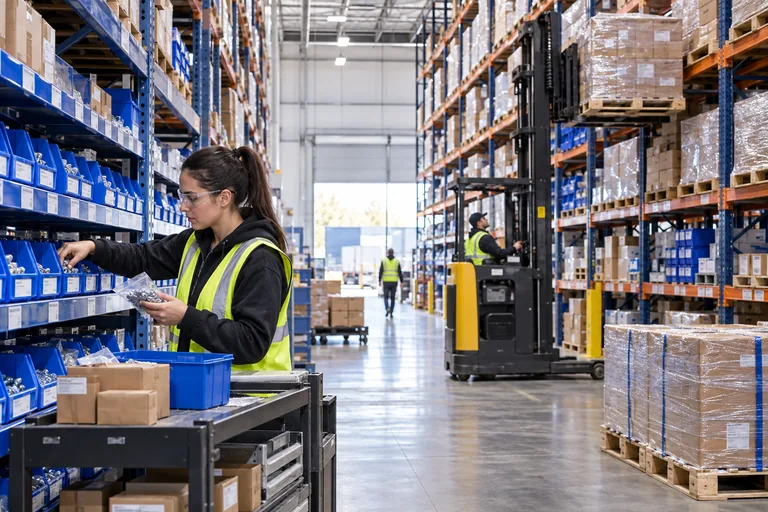 Warehouse staff pick parts and replenish organised industrial stock.