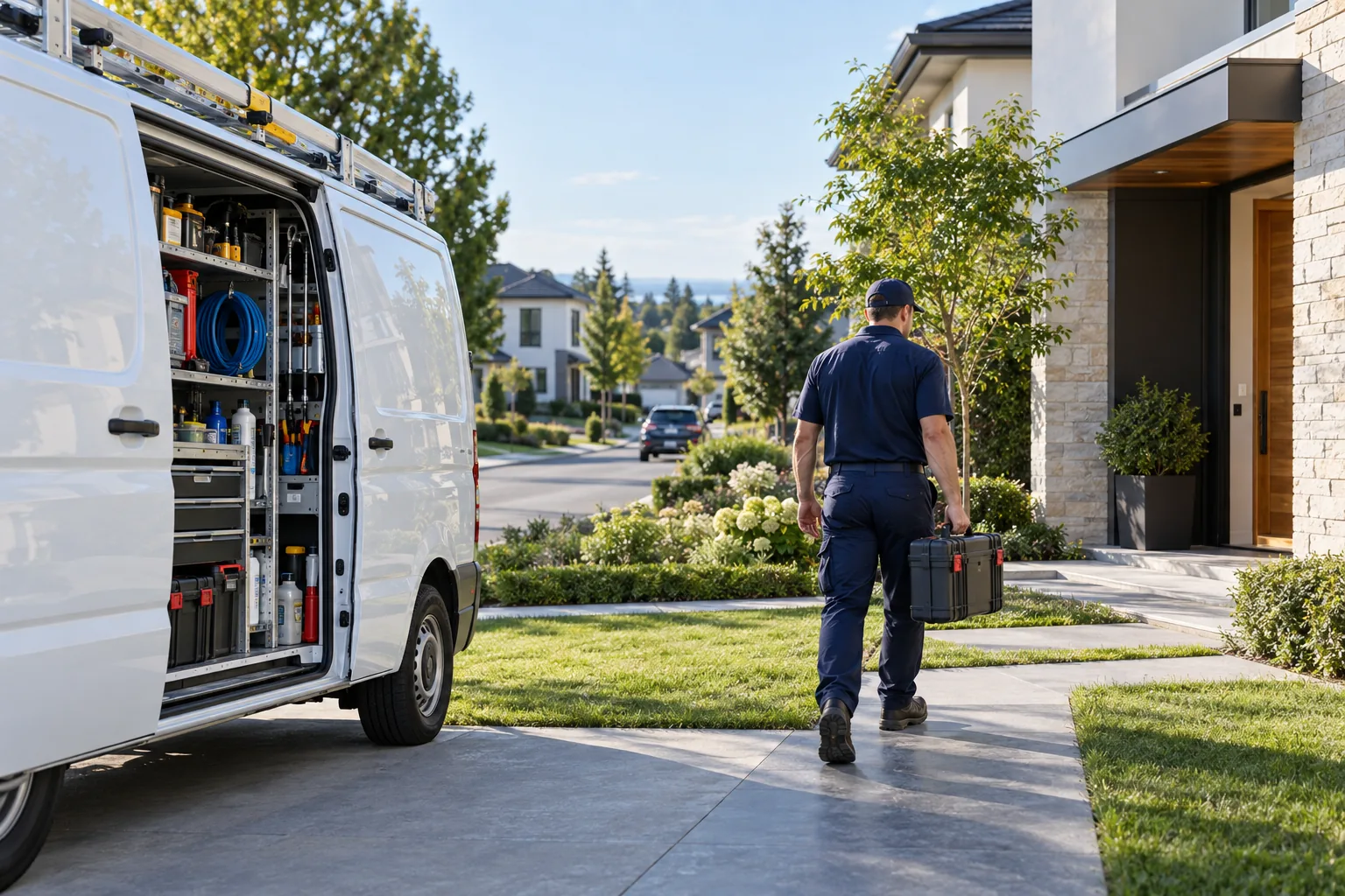 A technician carries a tool case from a service van to a customer’s home.