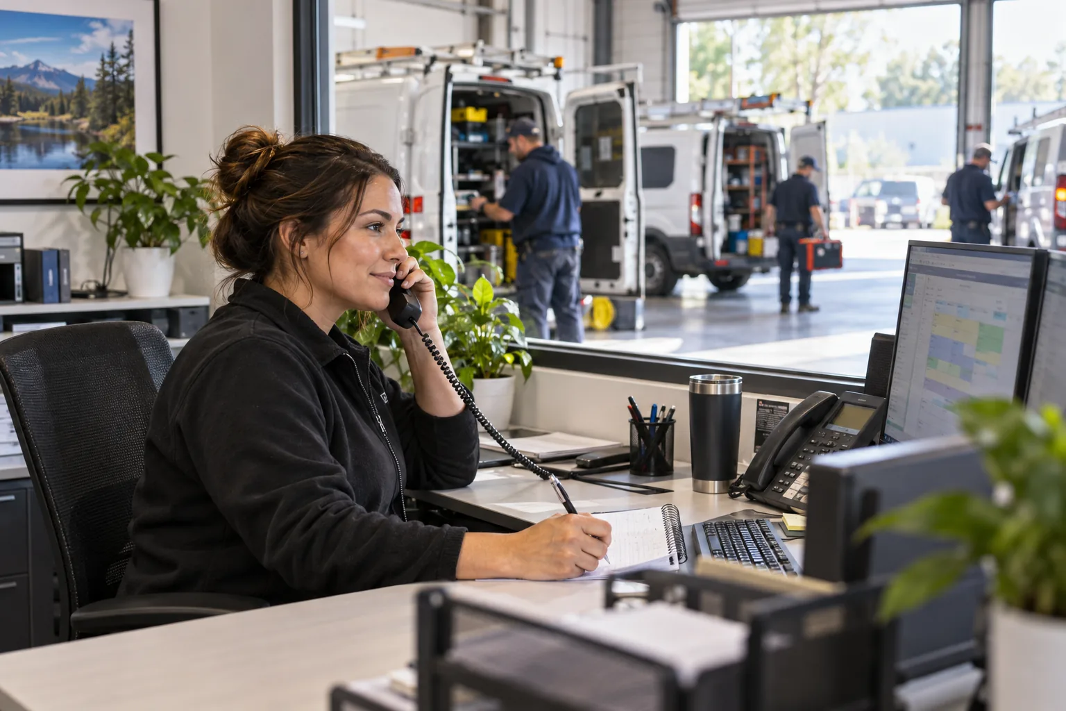 A service coordinator handles a customer call overlooking a vehicle depot.