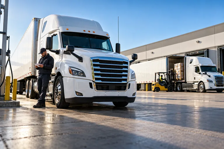 A driver checks paperwork beside maintained trucks at a freight terminal.