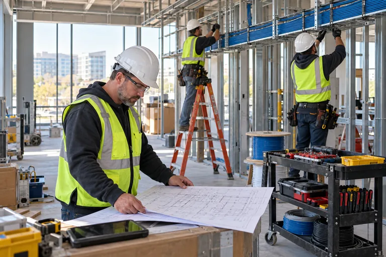 An electrical supervisor reviews plans while a crew installs cable systems.