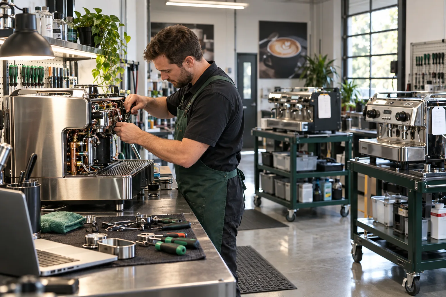 A specialist technician repairs a commercial espresso machine in an organised workshop.