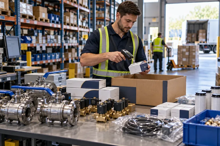 A warehouse picker scans products for a mixed industrial supply order.