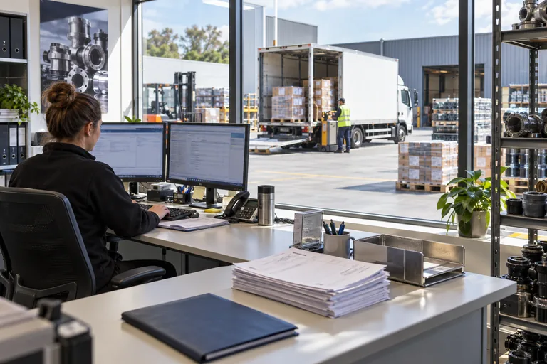 A distributor’s dispatch office overlooks a truck being loaded with industrial supplies.