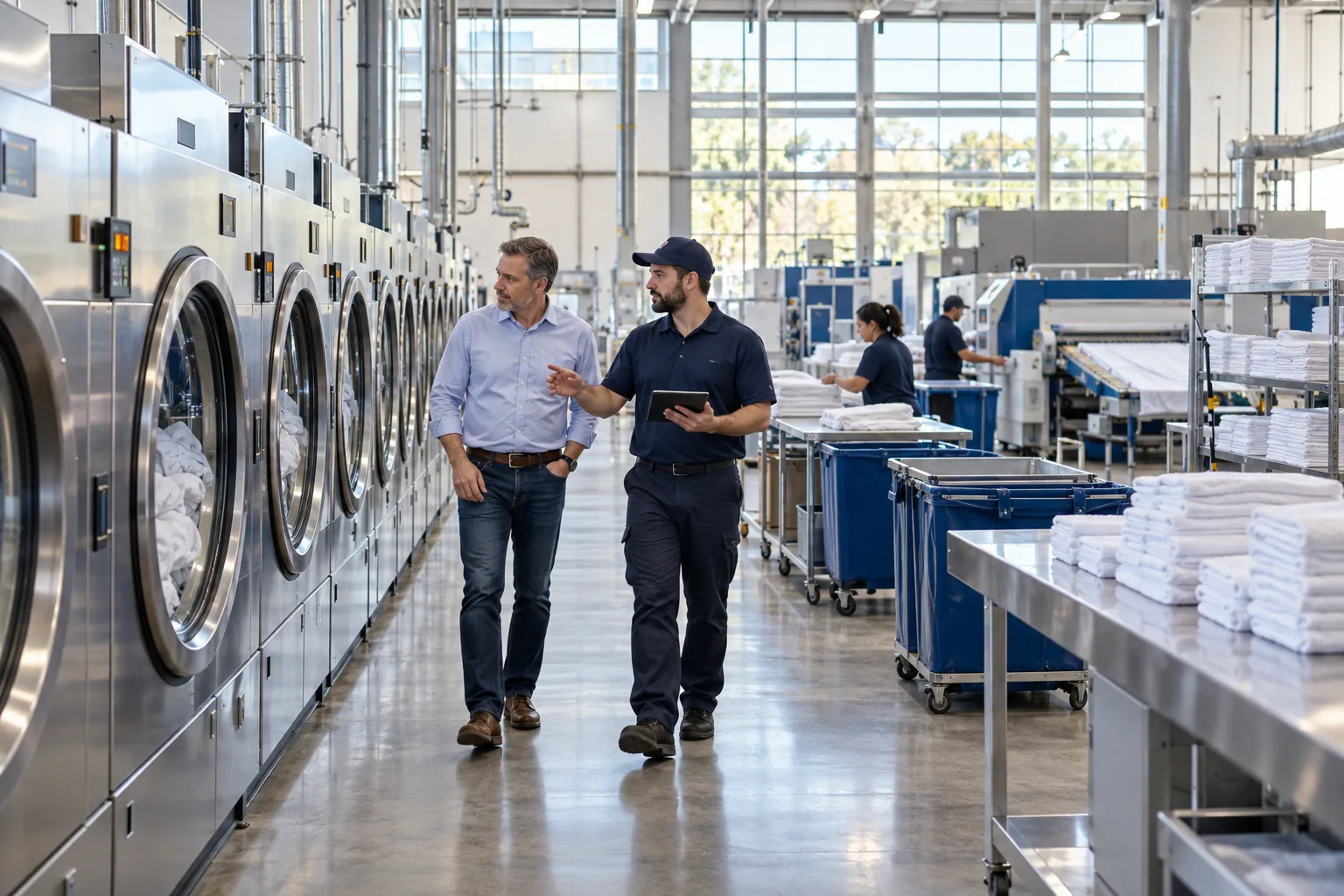 A prospective owner tours an operating commercial laundry with its manager.