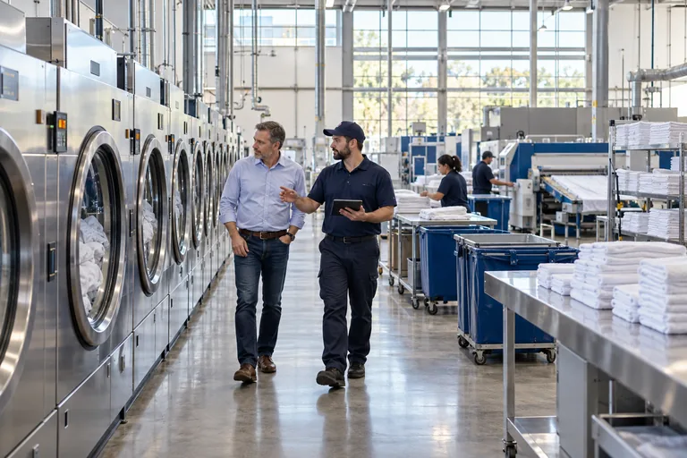 A prospective owner tours an operating commercial laundry with its manager.