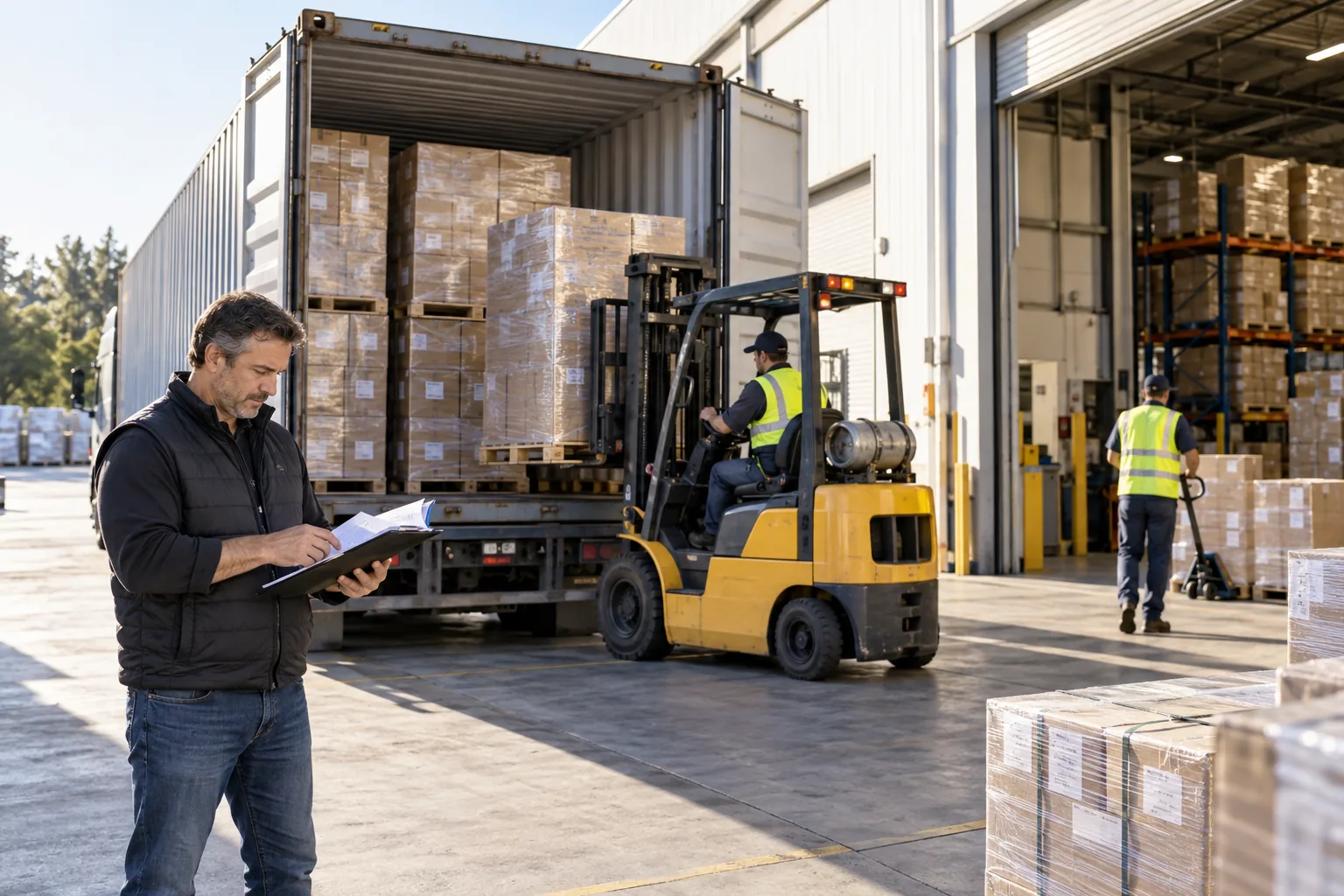A distributor checks a delivery while a forklift unloads a container.