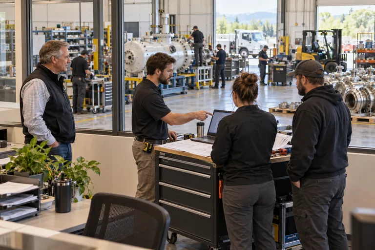An owner observes a team coordinating work independently on a modern shop floor.