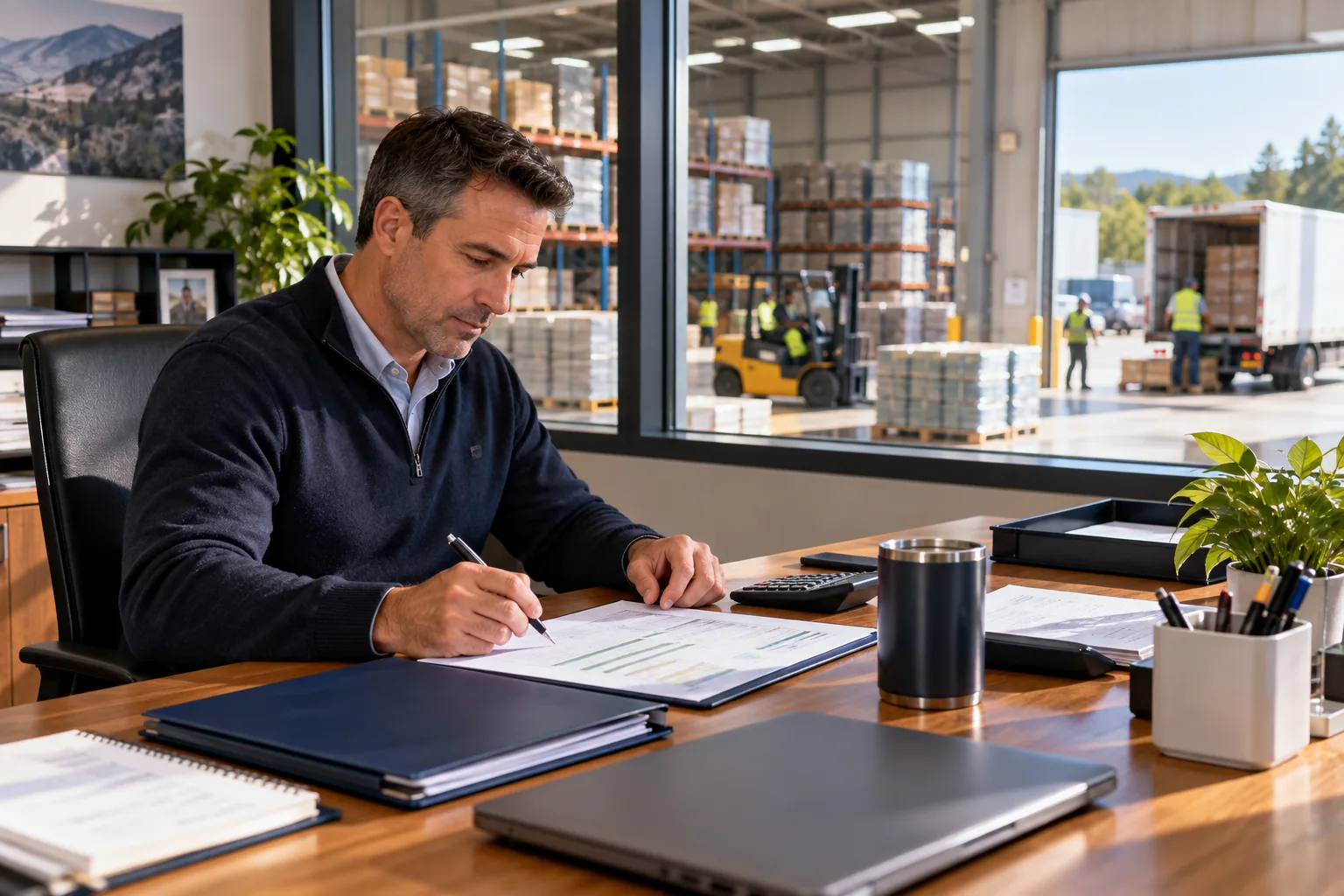 An owner reviews a weekly cash plan overlooking inventory and dispatch activity.