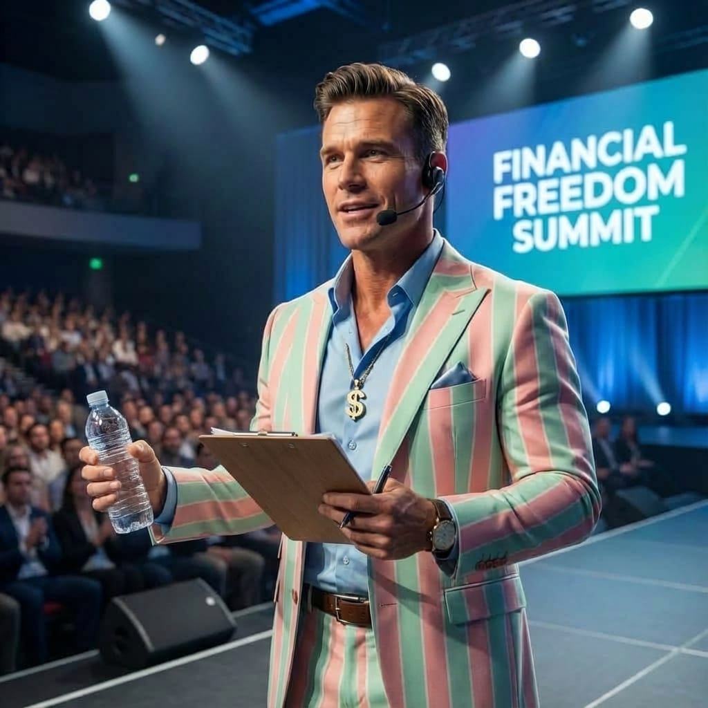 Randy Cash Casselmann on stage in his pastel suit, holding a clipboard